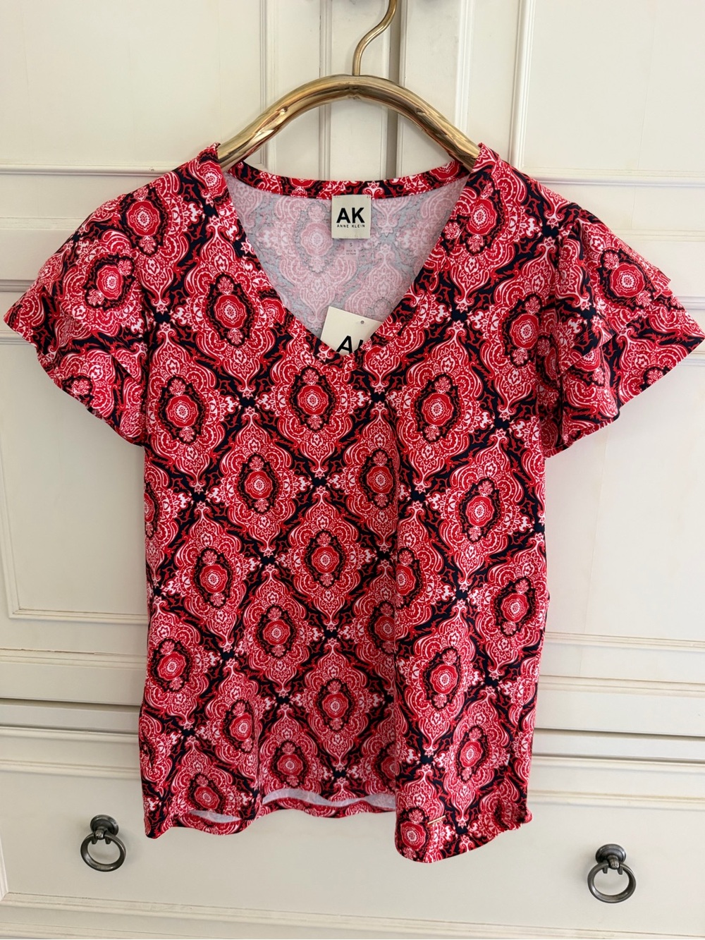 Anne Klein Navy Red Cotton Knit Short Flutter Sleeve Top